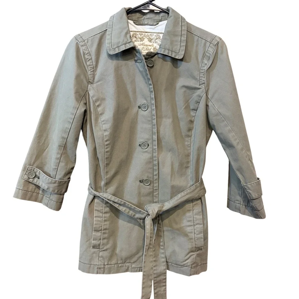 Abercrombie and Fitch vintage Green Belted Trench Coat Jacket‎ Medium 3/4 sleeve